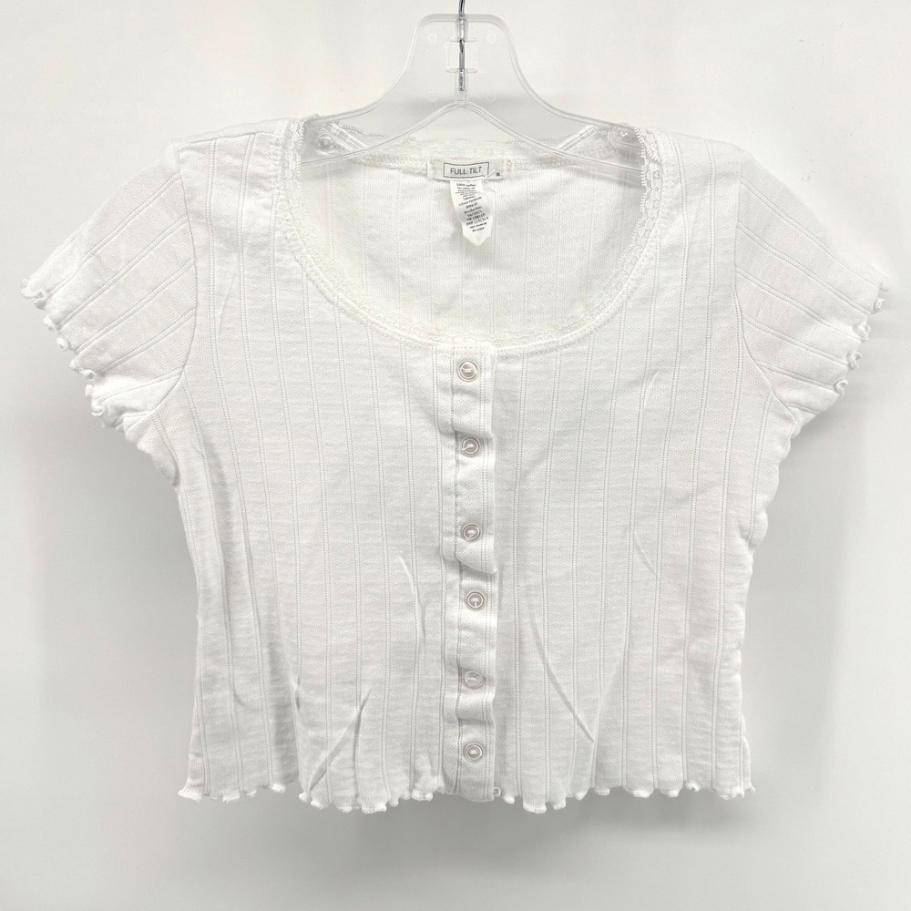 Full Tilt Button Front Top Women XL White Ribbed Lettuce Edge Lace Trim Baby Tee